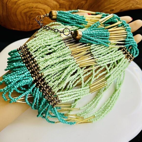 Stunning Waterfall Turqoise Green Gold Multi Strand Seed Bead Statement Necklace - Picture 8 of 15